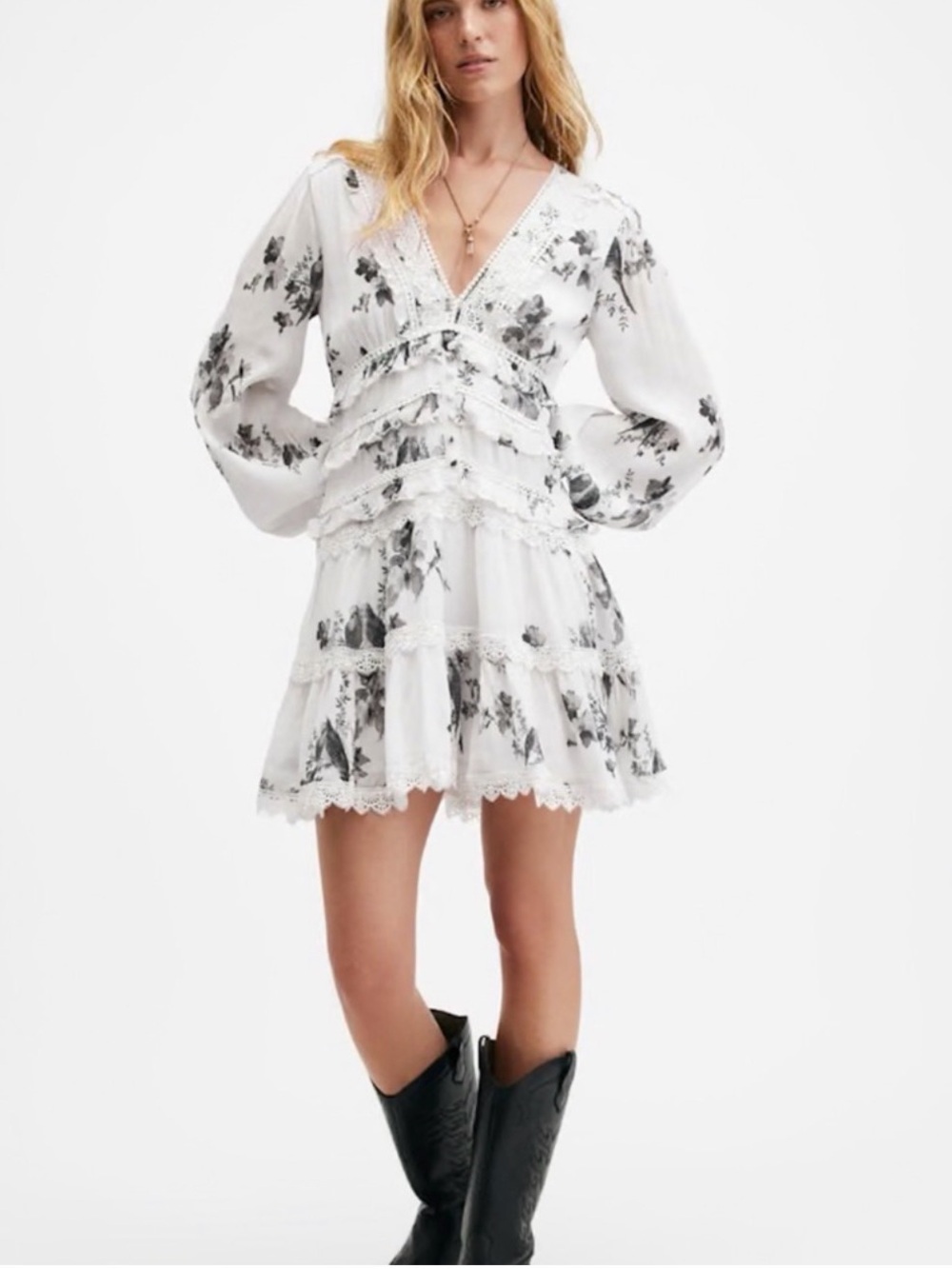 All saints Floral Tiered Lace Mini Dress